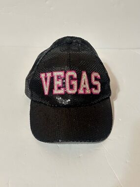 Vintage Las Vegas Sequin Hat Black Pink Cap Y2K Glam Sparkly Souvenir Adjustable